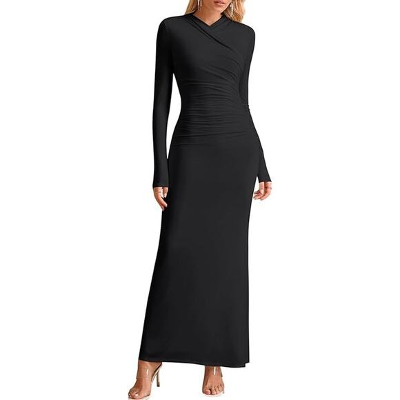 Womens Black Long Sleeve Bodycon V Neck Ruched Modest Minimalist Maxi Dress MED - Picture 1 of 5